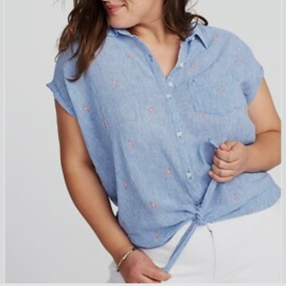 Old Navy Sz XXL (16-18) Linen & Cotton Blue Tie Up Top With Pink Flamingos